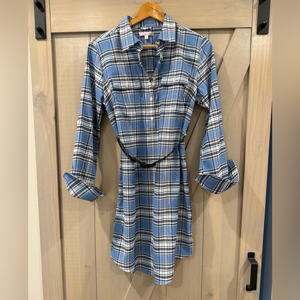 Peter Millar Women’s Blue Plaid Shirt Dress Size M belted  long sleeves preppy